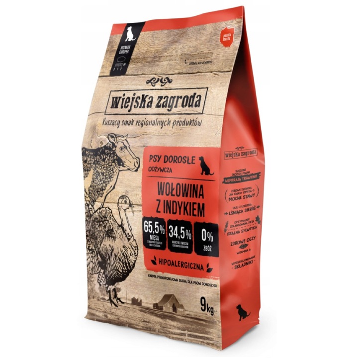 Суха храна за кучета, Wiejska Zagroda, говеждо с пуйка, 9 кг, без зърнени храни, за големи породи