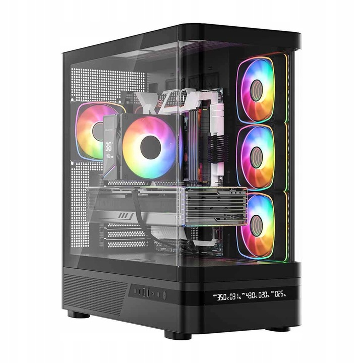 Carcasa MODECOM Volcano AQ200 ARGB MIDI, neagra, 4 ventilatoare 120mm, display LED, 2x USB 3.0, 1x USB-C