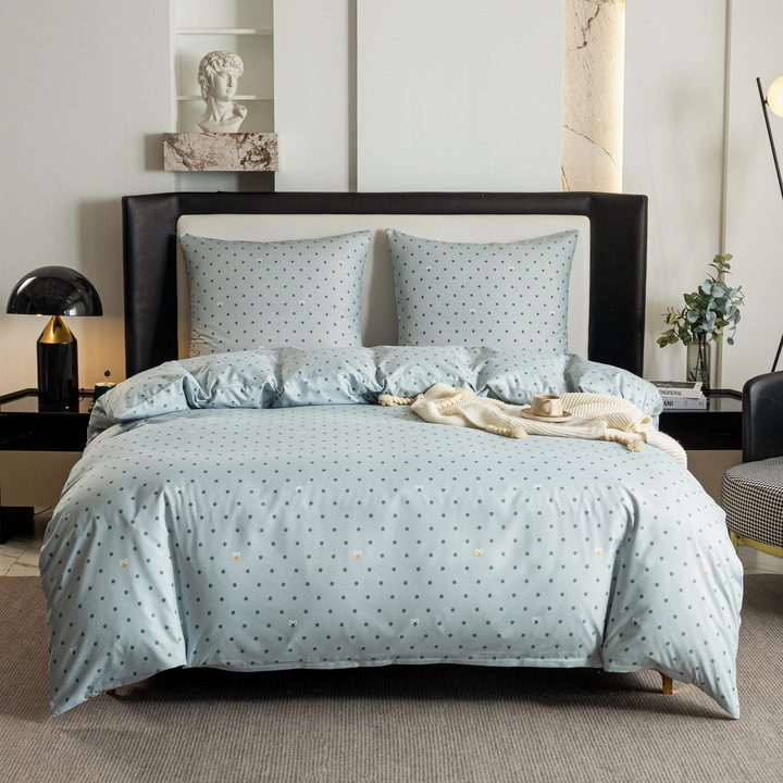 Lenjerie de pat cu buline, 140x200 cm, microfibra premium, set complet cu 2 fete de perna 70x80 cm, antialergica, rezistenta la sifonare, multicolor