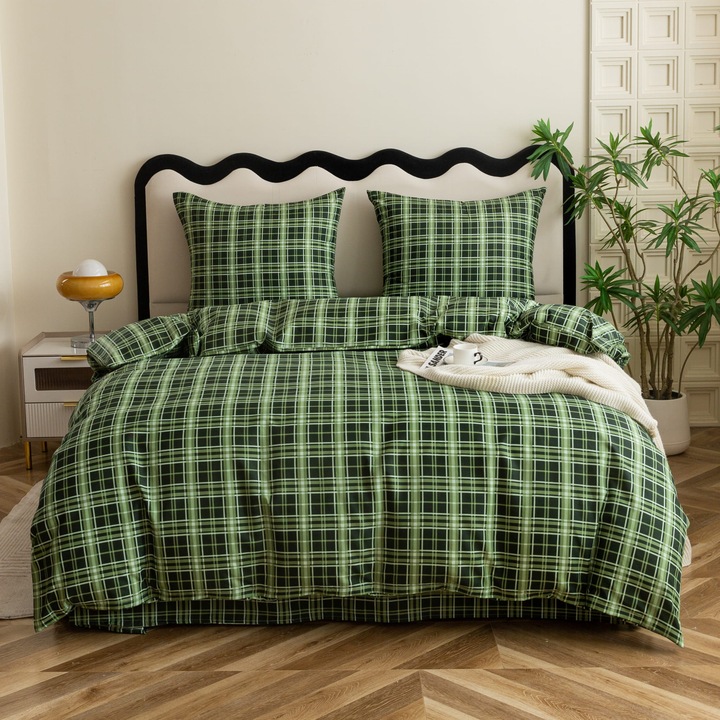 Dupla ágynemű, zöld kockás mintával, 220x200 cm, prémium mikroszálas, teljes szett paplanhuzattal és két 70x80 cm-es párnahuzattal
