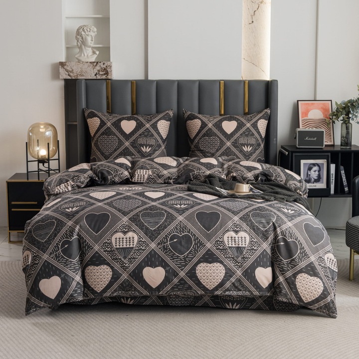 Lenjerie de pat cu model inimioare gri, 140x200 cm, microfibra premium, set cu 2 fete de perna 70x80 cm