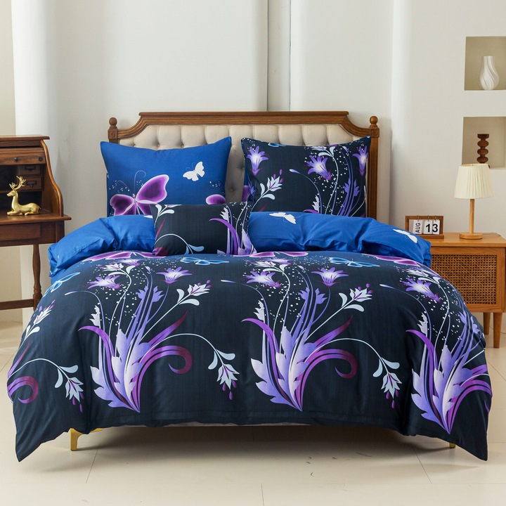 Lenjerie de pat set cu fluturi colorati, Cotton Market, 160x200 cm, microfibra Soft-Touch, rezistenta la decolorare, antialergica