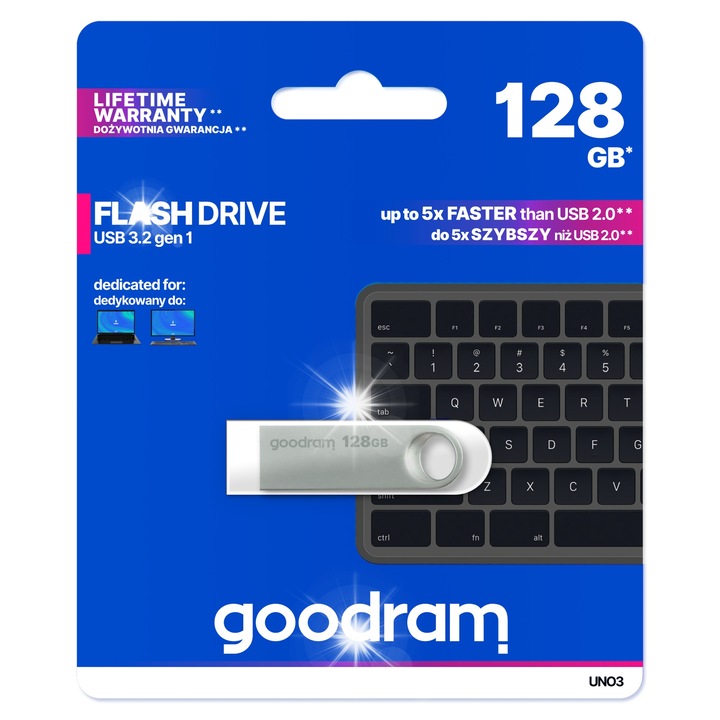 Pendrive 128GB, Goodram UNO3, USB 3.2, 60MB/s, ezüst, 38x12,5mm