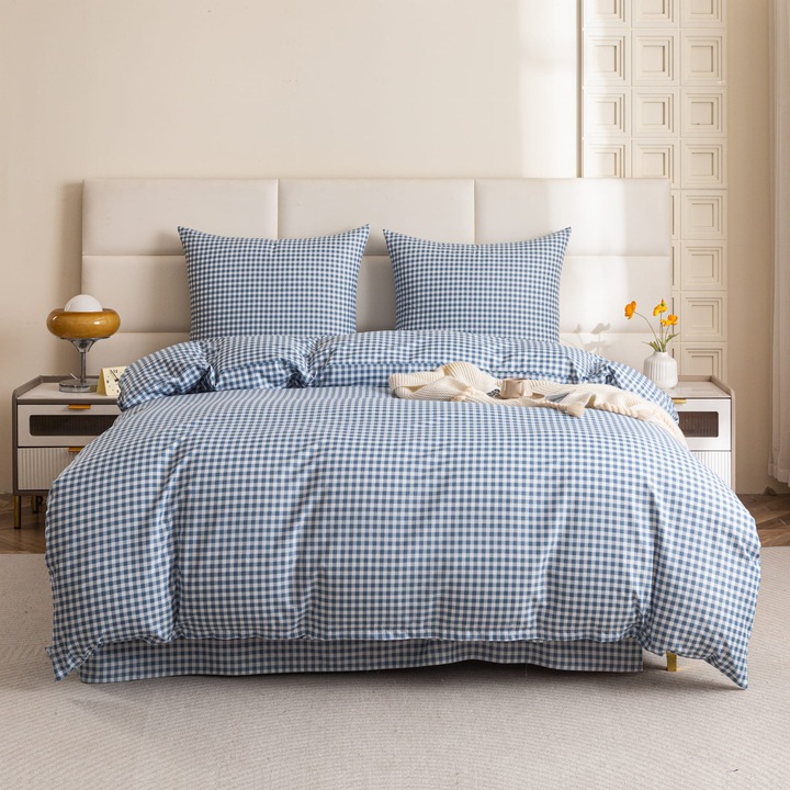 Dupla ágyneműhuzat, Cotton Market, Blue Sky Check, prémium mikroszálas, kék és fehér kockás, 200x200 cm