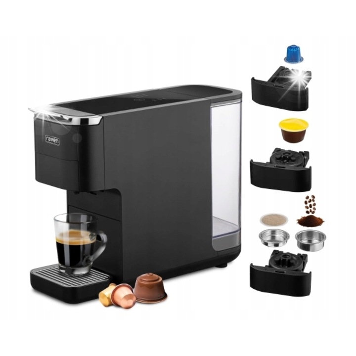 Кафемашина с капсули Raven EEK001C, 19 бара, 1545 W, черна, комплект с 3 адаптера
