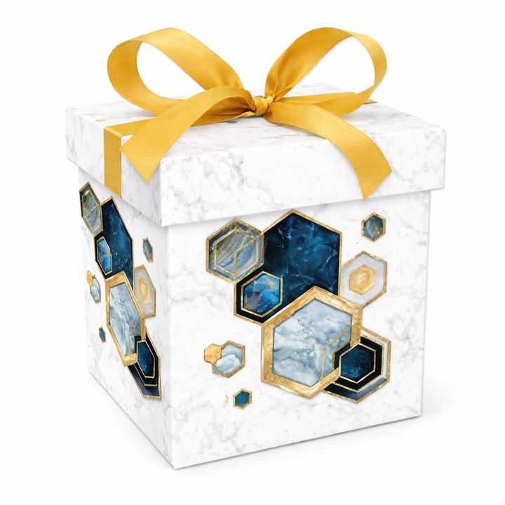 Cutie Cadou Premium patrata 22x22x22 cm din Hartie Cartonata, Auriu Bleumarin