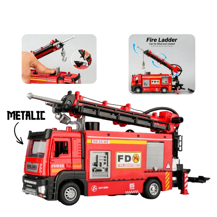 Masina de Pompieri Metalica De Jucarie Pentru Copii KidProtect® Fire Engine, Cabina Metalica, Cu Sunete si Lumini si Muzica, Cu Stropire, Functie Trage si da Drumul, Masinuta cu Rotire 360, Scara Mobila, Carlig Functional, Super Realist, 1:32, 22 cm, Rosu