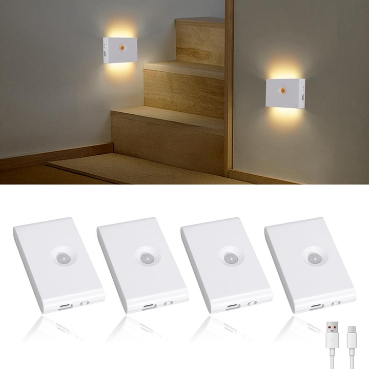 Set 4 lampi de noapte cu senzor de miscare, lumina alba calda, instalare magnetica