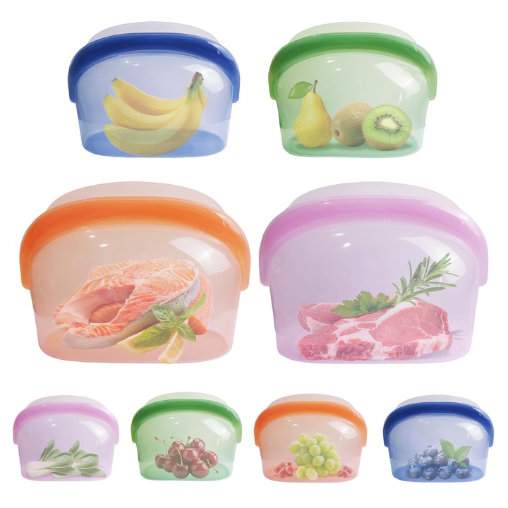 Set de 4 pungi alimentare reutilizabile din silicon 1000ml, transparente, rezistente la scurgeri, potrivite pentru congelator si microunde