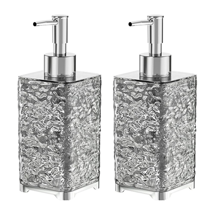 Kézfertőtlenítő adagoló, 2 db-os szett, átlátszó műanyag, rozsdamentes acél kupak, utántölthető