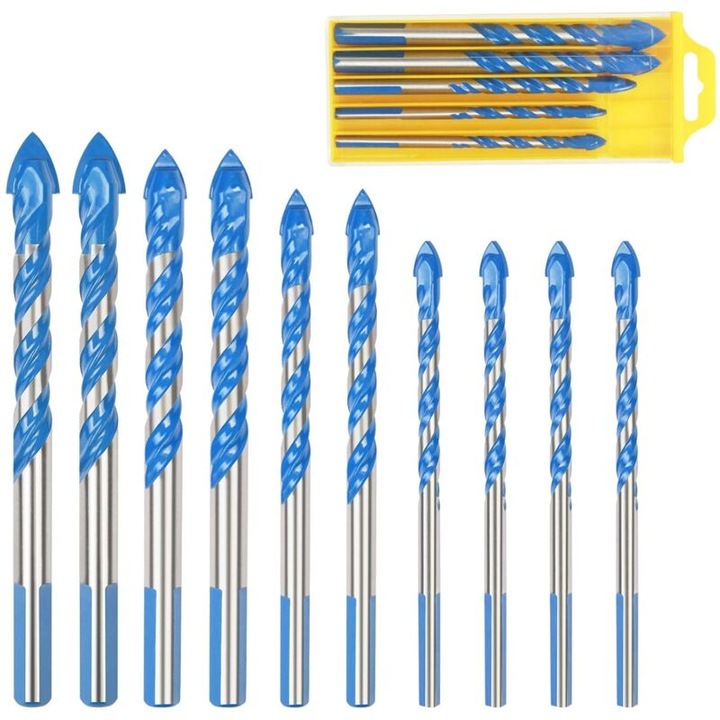 Set de 10 burghie pentru gresie si sticla, 6x8x10x12mm, metal dur, cu 2 cutii de depozitare