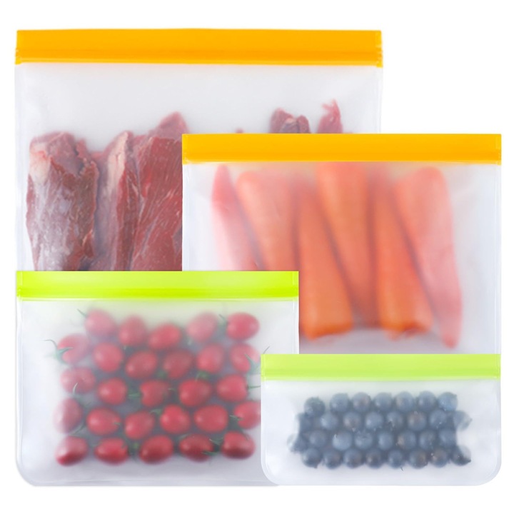 Set de pungi alimentare reutilizabile, 24 bucati, 4 dimensiuni, pungi de congelare fara scurgeri, pentru alimente, fructe, carne, calatorii