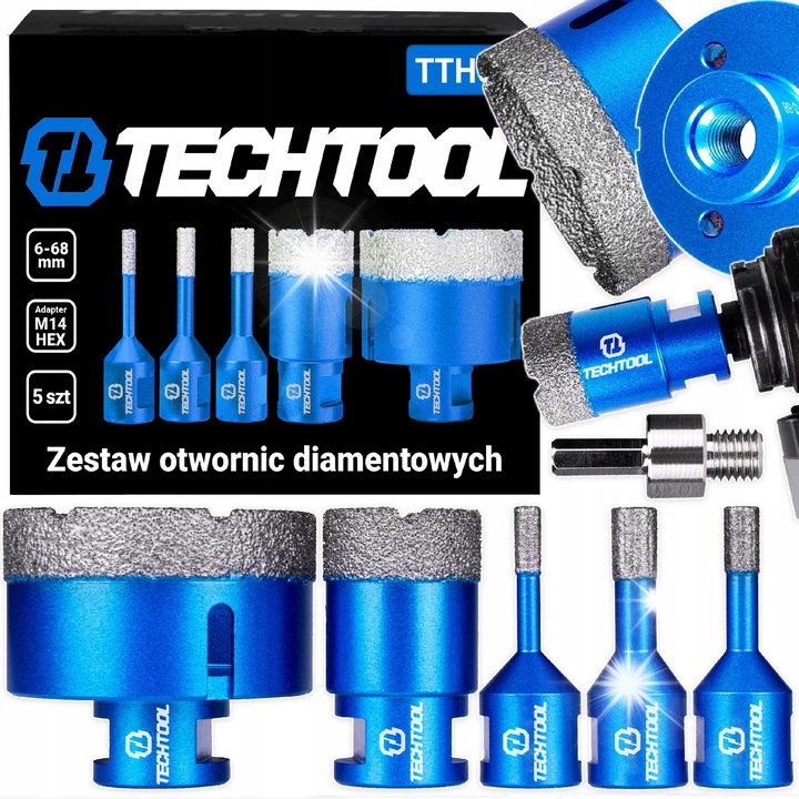 5 db-os gyémánt fúrófej készlet, TECHTOOL, 6x8x10x35x89 mm, kék, HEX adapterrel