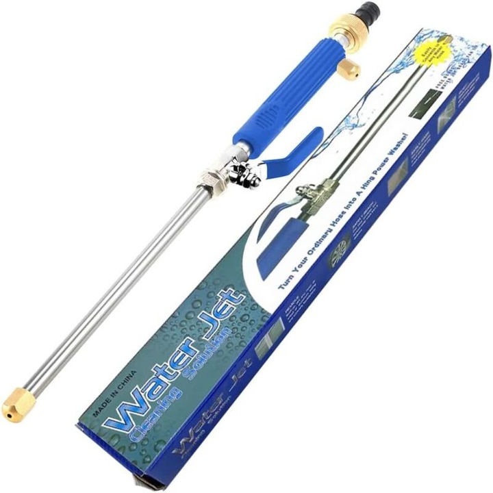 Pistol de spalat cu presiune Hydro Jet, lance pentru furtun, tub duza din aluminiu, valva din aliaj, maner TPR ergonomic, duze evantai/cilindrice, comutator rotativ 90°, compatibil furtun gradina, albastru/argintiu, 1 buc