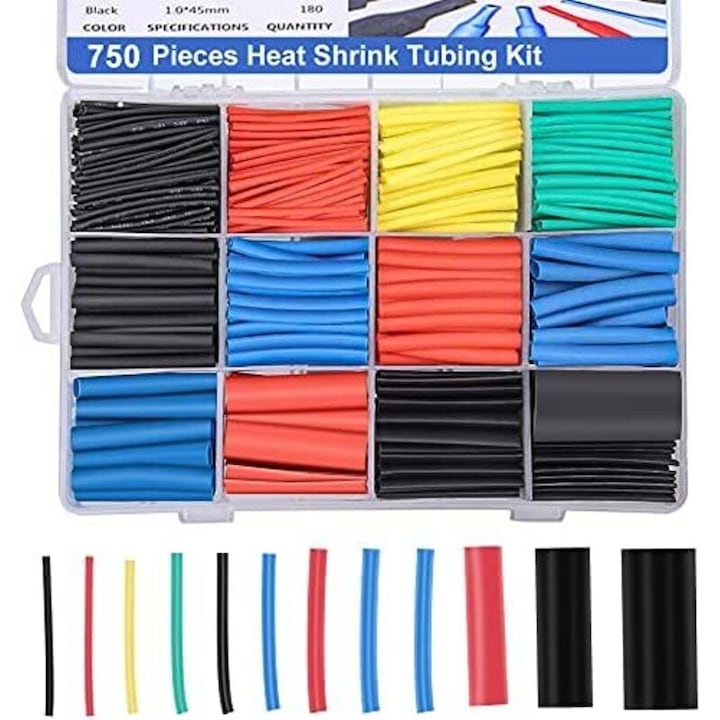 Set de tuburi termocontractabile, 750 piese, 5 culori, 12 dimensiuni, 45mm lungime