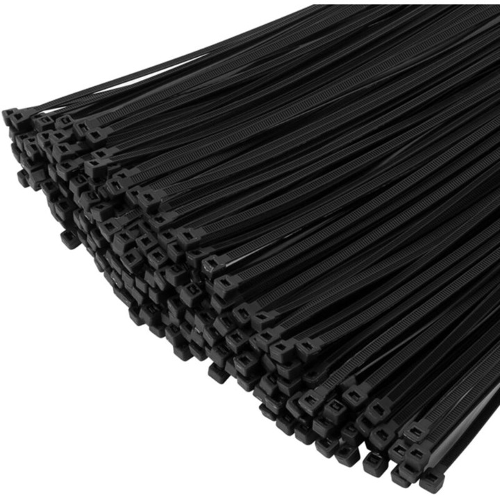 Set de 1000 de legaturi bride, 200mm x 4.8mm, nylon 66 rezistent la UV, pentru cabluri si prindere, negru