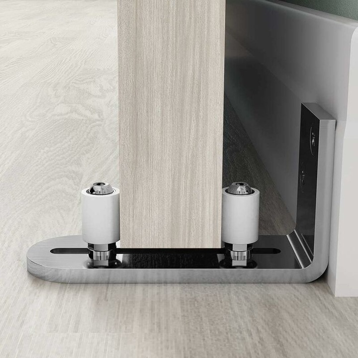 Ghid de podea pentru usi glisante, grosime pana la 75 mm, metal cromat si otel robust, set cu suruburi si dibluri
