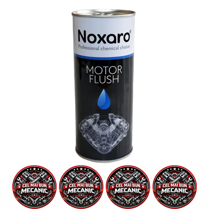 Aditiv curatare motor interior NOXARO Motor Flush, Curatare interna motor, Eliminare depuneri si reziduuri ulei, Compatibil benzina si diesel, Capacitate 443 ml, 4x Stickere