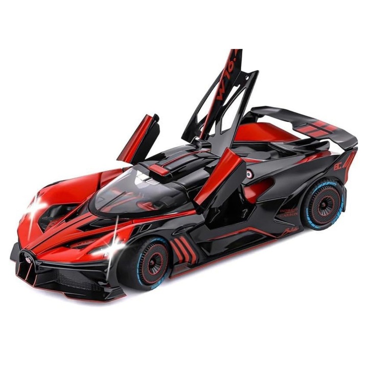 Masina metalica tip Bugatti Hypercar, Sunete realistice, Farurile si stopurile lumineaza, Usile si capota se deschid, Claxonul functioneaza, Baterii incluse, 21cm, Negru-Rosu, Scara 1:24