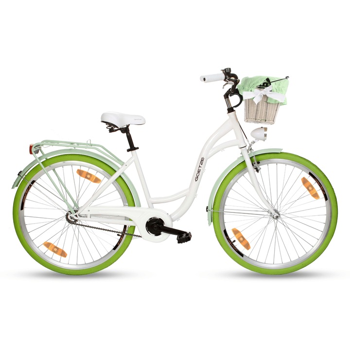 Bicicleta oras dama Goetze Style 28 inch cadru 18 inch 1 viteze, V-brake, frana pe butuc, iluminare LED, cos si portbagaj