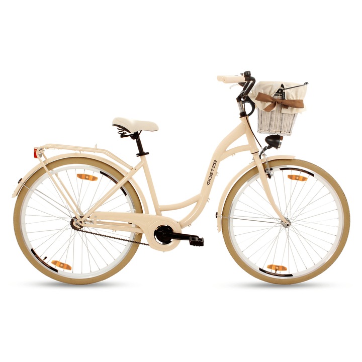 Bicicleta oras dama Goetze Style 28 inch cadru 18 inch 1 viteze, V-brake, frana pe butuc, iluminare LED, cos si portbagaj