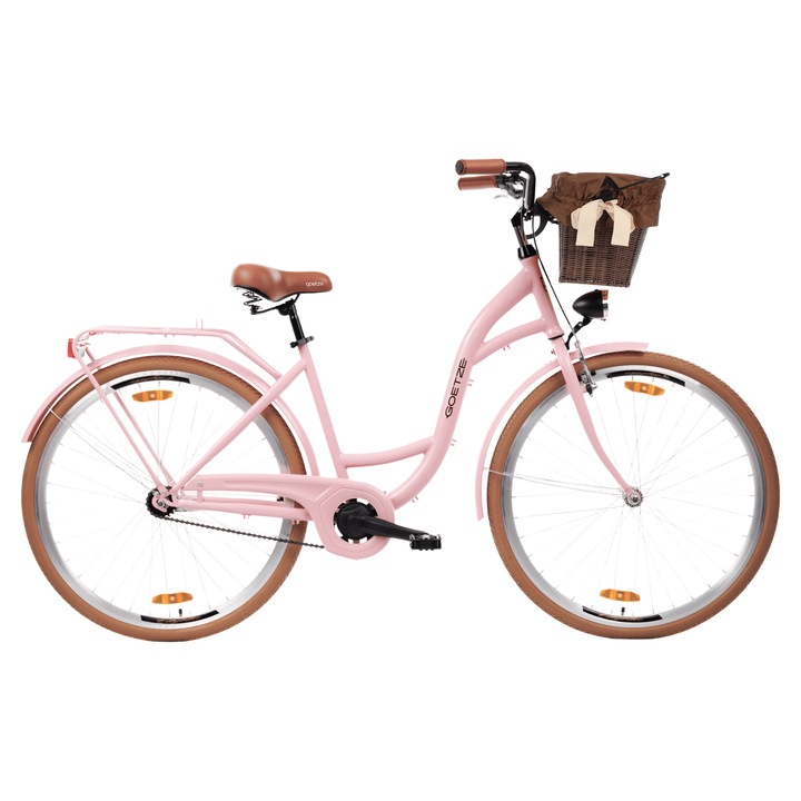 Bicicleta oras dama Goetze Style 28 inch cadru 18 inch 1 viteze, V-brake, frana pe butuc, iluminare LED, cos si portbagaj