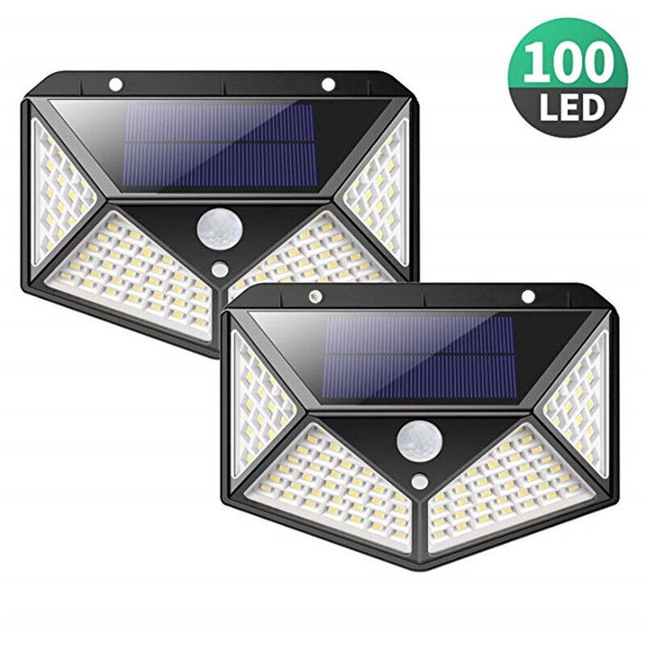 Lampa solara exterioara, 100 LED-uri, 2200 mAh, impermeabila, 270 unghi de iluminare, set de 2 bucati