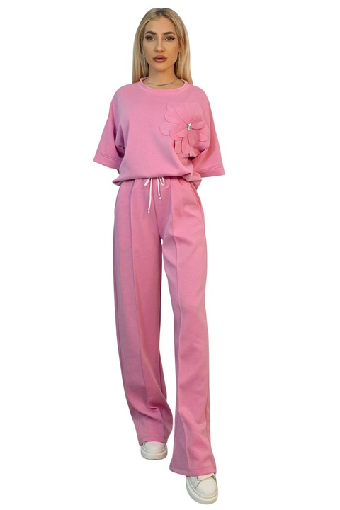 Compleu casual, doua piese Solenne, cu detaliu floral si cristale, Roz, Marime universala S/M/L, FashionForYou