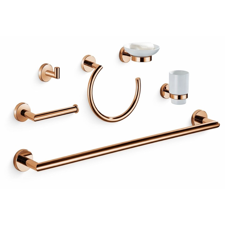 Set 6 piese accesorii baie, Radinavico, otel inoxidabil, rose-gold