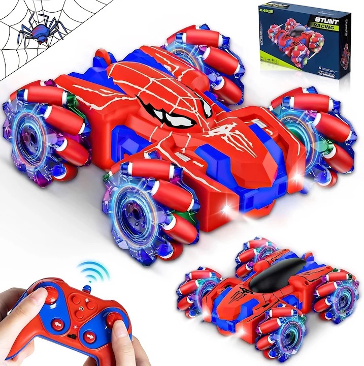Количка с дистанционно управление S-pider, 2.4 GHz 4WD, 2 батерии, въртене на 360°, LED светлини, червена
