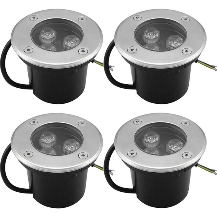 Set de 4 spoturi LED incastrate, 3W, IP65, rotunde, iluminat exterior pentru gradina, curte, scari, alb cald