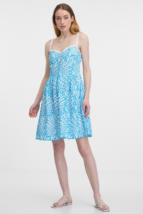 Orsay, Rochie de bumbac cu broderie Sangallo, Alb/Albastru