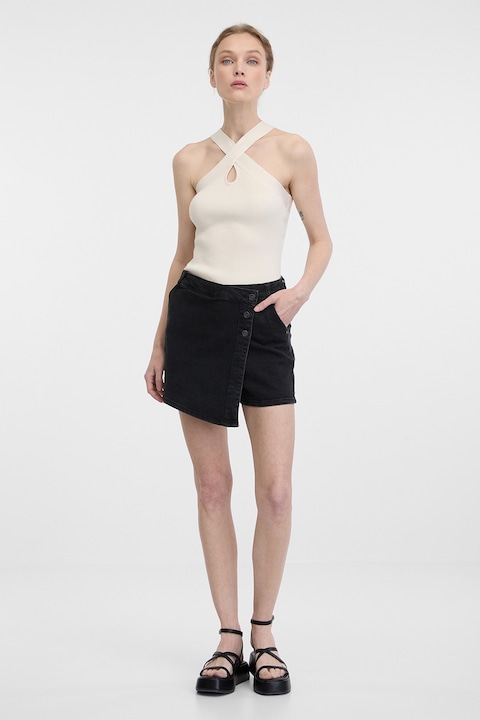 Orsay, Fusta-pantalon de denim cu talie inalta, Negru