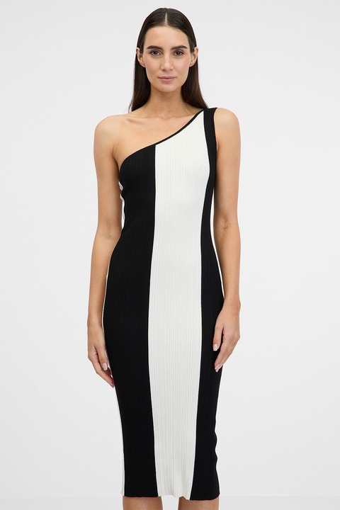 Orsay, Rochie midi bodycon cu decolteu oe un umar, Alb/Negru