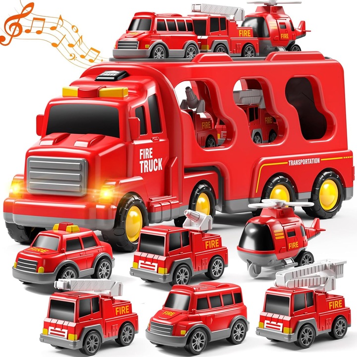 Jucarie Camion de Pompieri 7 in 1, Hesasa, Lumini si muzica, Lumini si muzica, Actionat prin inertie, masinute tip ambulanta, jeep, masina cu scara, cisterna, elicopter, pentru baieti 2+ ani, Rosu