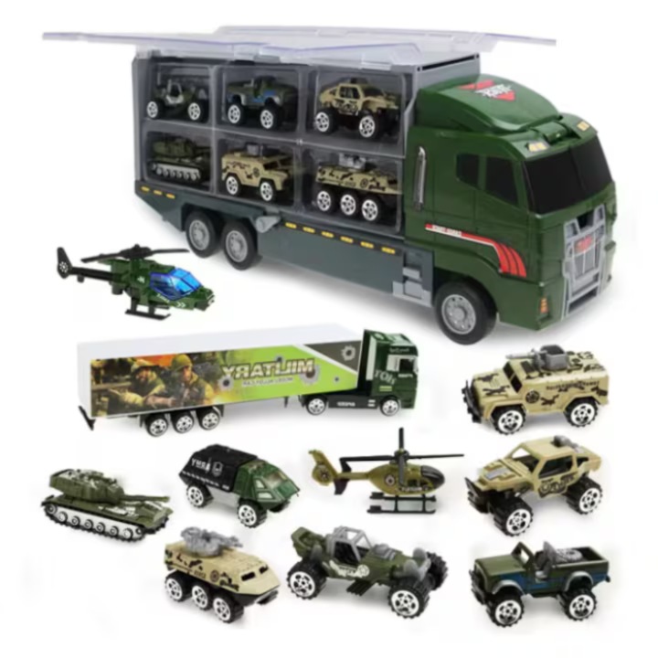 Tim Kamion és Utánfutó Játék Szett Gyermekeknek, 12 Darabos, Interaktív és Hátrahúzható