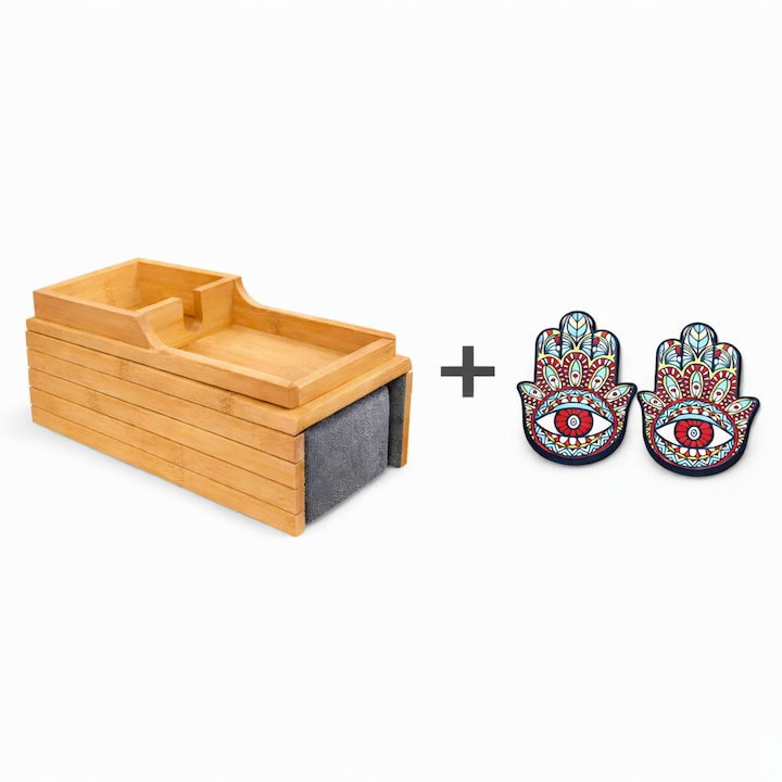 Suport de canapea din bambus antiderapant + Set 2 suporturi pahare Hamsa ceramica cu baza din pluta, organizator canapea