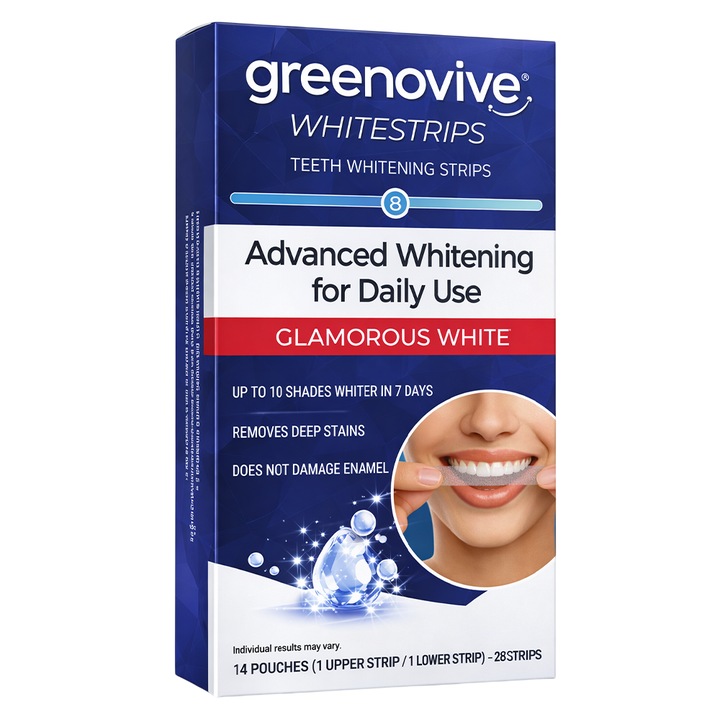 Benzi Albirea Dintilor, GREENOVIVE®, Advanced Whitening, Glamorous White, Cutie 14x Plicuri, Nivel Albire 8, Tratament 14 zile