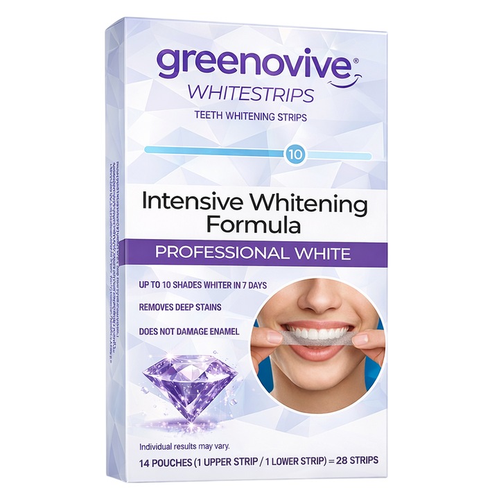 Benzi Albirea Dintilor, GREENOVIVE®, Intensive Whitening Formula, Cutie 14x Plicuri, Nivel Albire 10, Tratament 14 zile