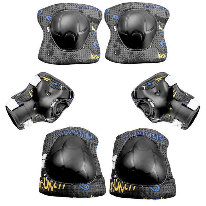 Set 6 Protectii Copii pentru Role, Bicicleta sau Trotineta, Include Genunchiere, Cotiere si Aparatori Palme, Design Comic Pop Art, Negru