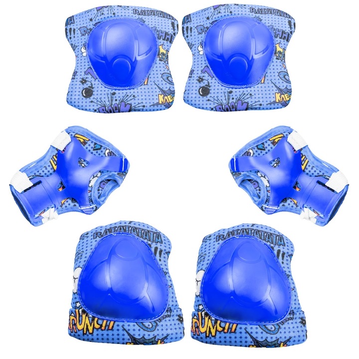 Set 6 Protectii Copii pentru Role, Bicicleta sau Trotineta, Include Genunchiere, Cotiere si Aparatori Palme, Design Comic Pop Art, Albastru