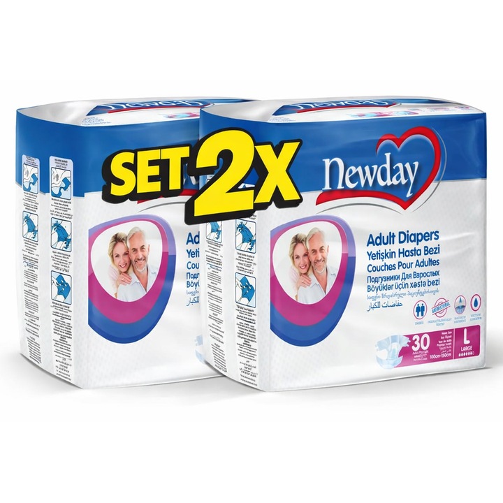 Scutece adulti marimea L cu scai, set 2 buc, super absorbante, protectie zi si noapte, incontinenta