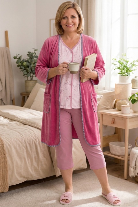 Pijama roz cu imprimeu floral si nasturi 52