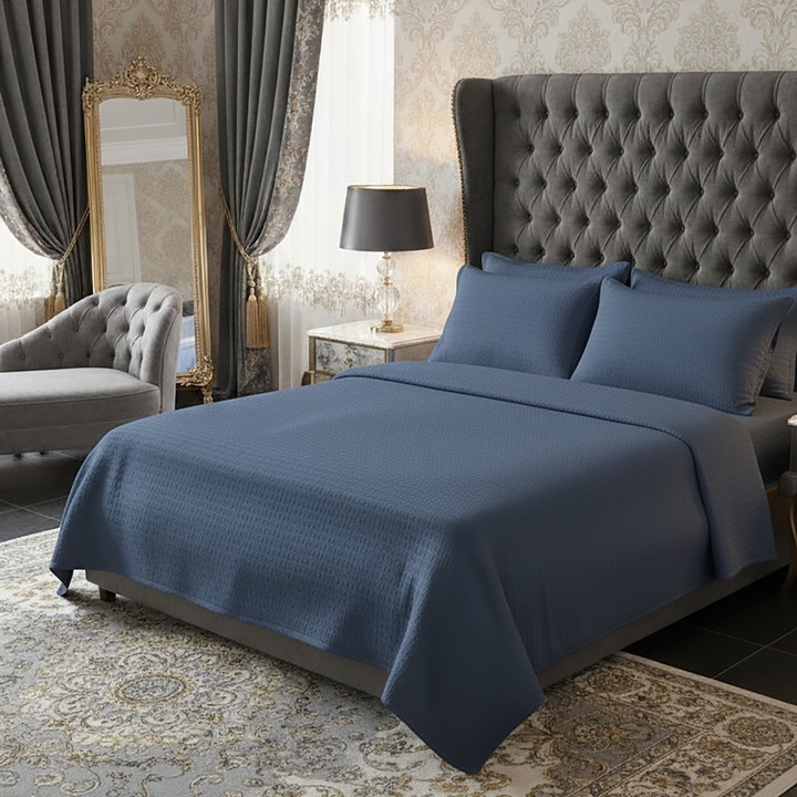 Krepp ágynemű 100% pamut UNI, lepedő 160x240 cm, paplan 140x210 cm, párnahuzat 50x70 cm, KÉK, Ralex Pucioasa