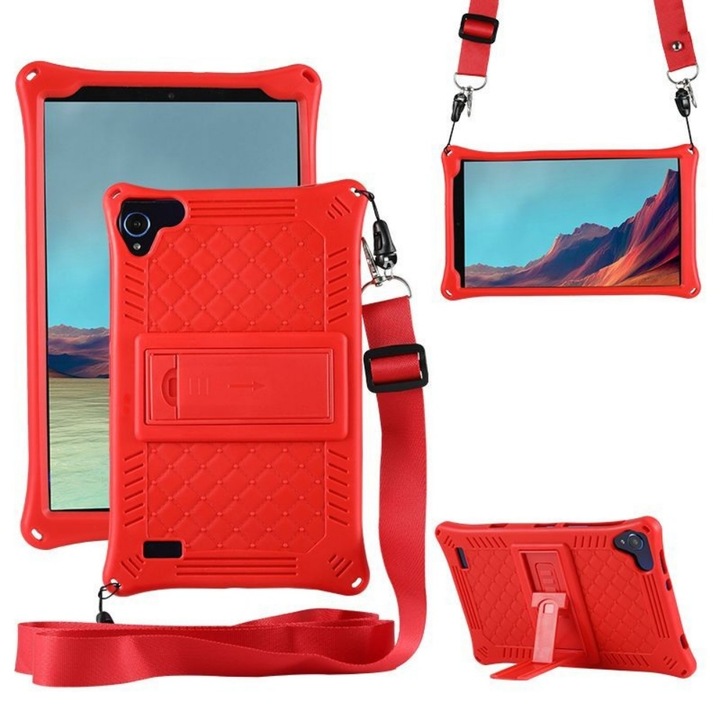 Husa de protectie pentru Samsung Galaxy Tab A 8 inch (modelul 2019 T290), cu design rezistent la caderi, carcasa moale, usor de transportat, din silicon, prevazuta cu curea de prindere, Rosu