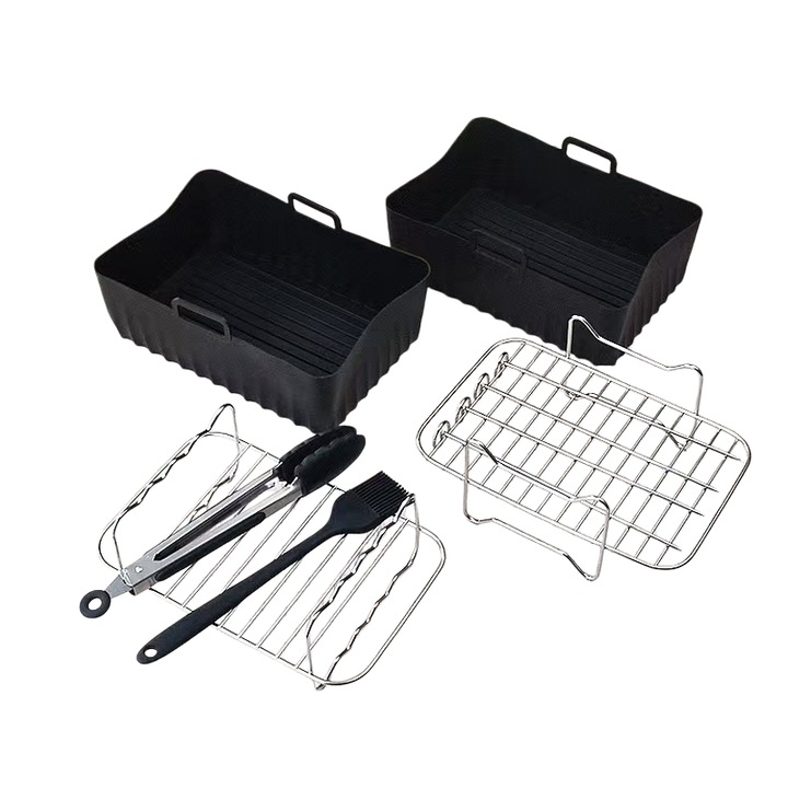 Set de accesorii pentru friteuza cu aer cald, 6 piese, incluzand tava, gratar, cleste si pensula, din otel inoxidabil si silicon, usor de curatat, potrivit pentru gatitul acasa, activitati in aer liber si camping, negru