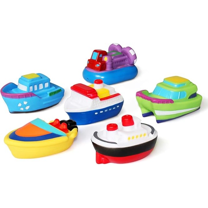 Jucarii plutitoare pentru cada (6 bucati), jucarii moi pentru baie in forma de barcute, jucarii educative pentru apa si jucarii de baie pentru copii mici
