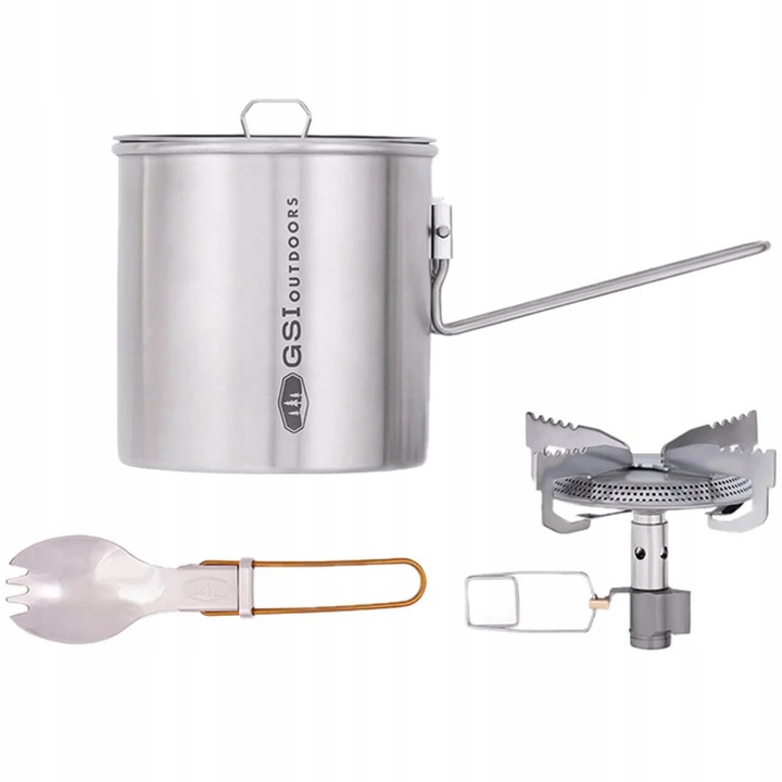 Туристически комплект GSI Outdoors Glacier Stainless Explorer, тенджера 1,1л, горелка 3200W, 525г, 13x12,1x12,5см