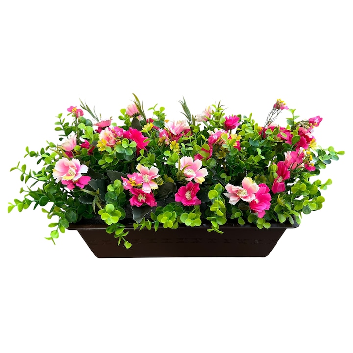 Jardiniera flori artificiale colorate, Dady, cu anemone roz si verdeata decorativa artificiala, dimensiuni aranjament 45x24x25 cm