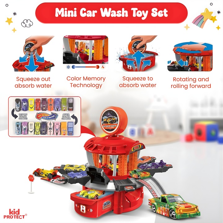 Интерактивен комплект играчки за автомивка за колички KidProtect® Wash Center Delux, променя цвета си при студено/топло, с истинска вода, реалистичен, върти се, за деца, червен